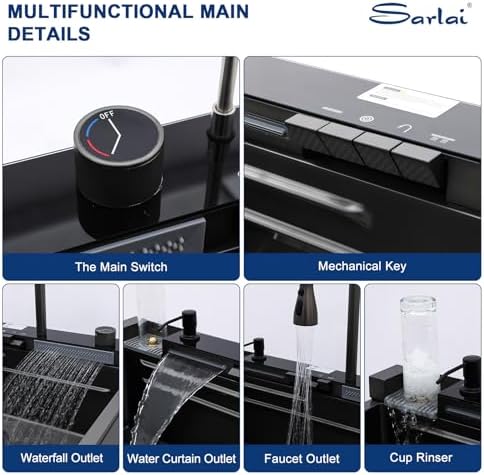 Sarlai Waterfall Kitchen Sink - 30 Inch Drop In Workstation Sink With Waterfall Black Stainless Steel 16 Gauge Multifunction Single Bowl Smart Top Mount Kitchen Sinks with Mechanical Keys 30x19 Inch - Image 5