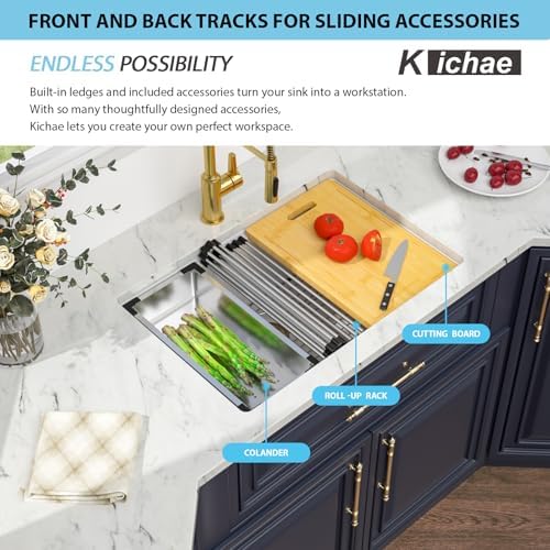 Kichae 28 x 19 Undermount Kitchen Sink White Granite Composite Workstation - Image 4