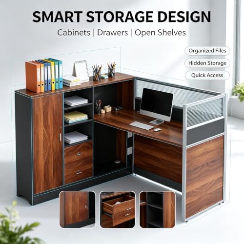 Modular Office Cubicle Workstation Desk with Privacy Panels and Cable Management, Long Computer Desk for Commercial Workspace, Sound Dampening Partition Wall (Walnut+Grey, 59IN) - Image 3