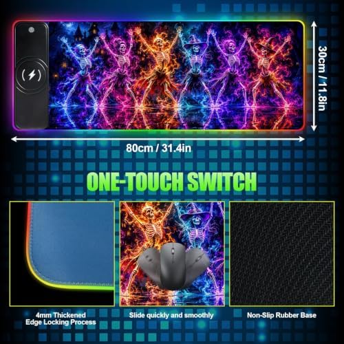 Wireless Charging RGB Gaming Mouse Pad Skull Dance 31.5 x 11.8 Inch Extended Mouse Mat with Neon Geometric Line Design, LED Desk Pad with 7 Lighting Modes, Non-Slip Base for Gaming & Office - Image 6