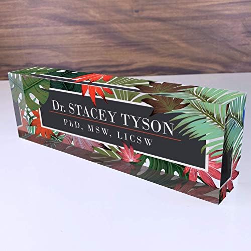 Artblox Personalized Name Plate for Desk | Leaf Flowers Design On Clear Acrylic Glass | Custom Desk Name Plate Personalized with Your Name and Credentials for Teacher Phd Military Office Name Plate by Artblox