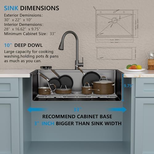 30"x22" Drop In Kitchen Sink Ledge Workstation – Gunmetal Black NANO-PVD, 16 Gauge 304 Stainless Steel Top Mount Single Bowl Sink Basin with Faucet Combo & Glass Rinser - Image 5