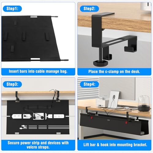 No Drill Under Desk Cable Management Tray, 48" Cord Management Tray with Cable Loop, Upgraded Oxford Fabric Wire Management for Standing Desk - No Damage to Table - Image 7