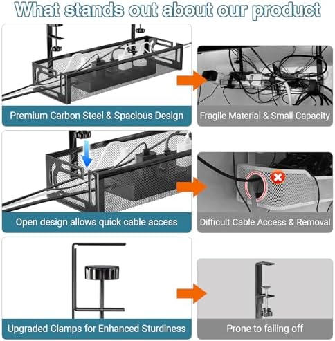 No Drill Under Desk Cable Management Tray, SONATURE 15.7" Cord Organizer for Table, Clamp Mount Desk Cable Management, Premium Carbon Steel Cable Organizer for Office, Home (Black) - Image 2