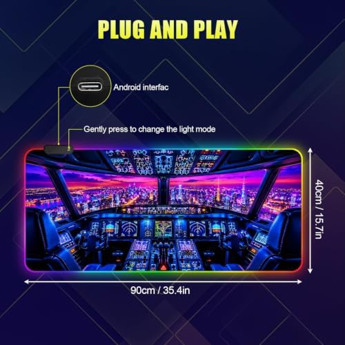 Aircraft Cockpit RGB Gaming Mouse Pad Large Extended Desk Mat 35.4 x 15.7 inch LED Glowing Mousepad Light Up Keyboard Pad Non-Slip Rubber Base - Image 6