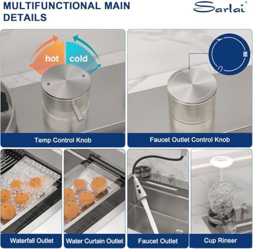Sarlai Waterfall Kitchen Sink 33 Inch Drop In Workstation Sinks 33x22 Inch - Image 4