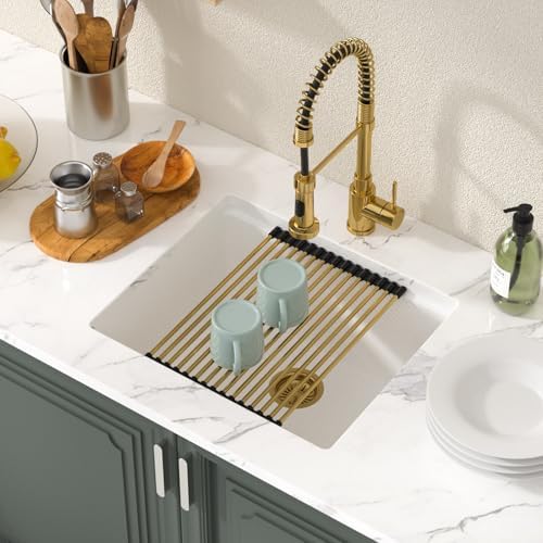 Lordear White Granite Composite Sink 21 Inch Undermount Bar Sink Workstation 21x18 Small Kitchen Quartz Under Counter Wet Single Bowl with Gold Accessories - Image 2