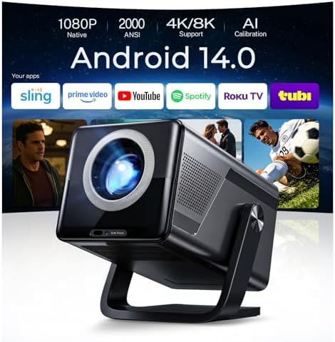 [2000 ANSI Daylight Visible] Native 1080P Smart Video Projector 4K 8K Input, Android 14 Projecteur Portatif with HiFi Sound, Auto Focus & Keystone, WiFi Bluetooth Home Theater for iPhone/Netflix X7 by WEMI