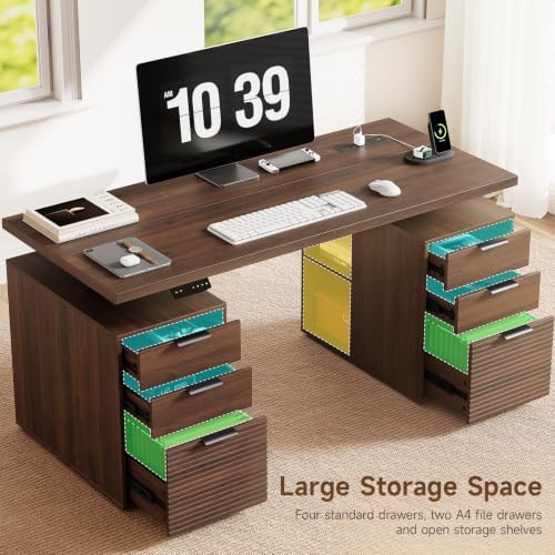 ONBRILL 63" Electric Standing Desk with 6 Drawers,Storage Shelves,Walnut - Image 4