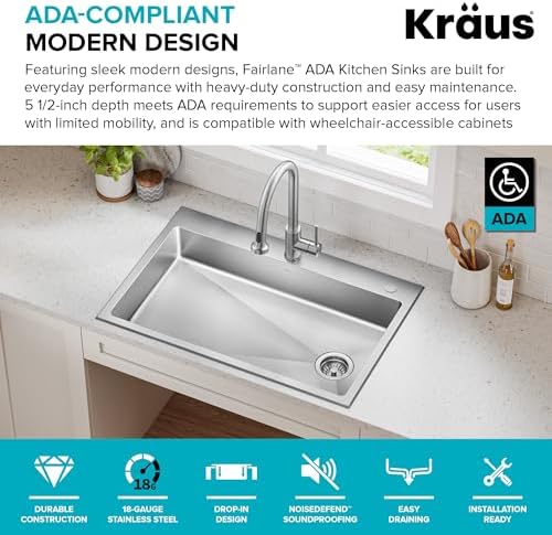KRAUS Fairlane 33-inch ADA Compliant Drop In/Top Mount Single Bowl 18-Gauge Stainless Steel Kitchen Sink, KHT640-33-5.5 - Image 2
