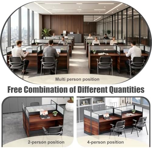 4 Person Cubicle Workstation Desk with Privacy Panels and Cable Management, Modular Long Office Desk for Commercial Workspace, Sound Dampening Partition Wall (Walnut-B, 94.5IN) - Image 4