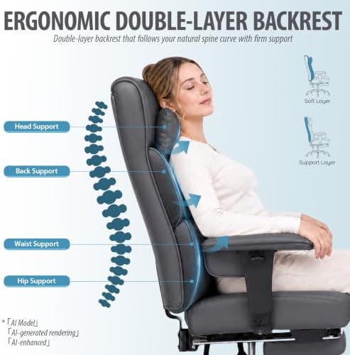 GTPLAYER Big and Tall Office Chair 400lbs Heavy Duty Wide Ergonomic Gaming Chair with Footrest, High Back Computer Chairs with Adjustable Armrests, Executive Desk Chairs with Lumbar Support, Grey - Image 6