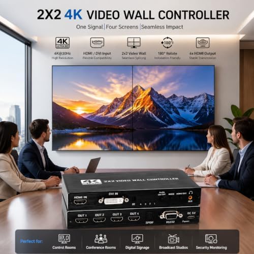 2x2 4k Video Wall Controller, Transform 4 TV Screens into a Single Wall Display with HDMI & DVI 4K Input, 180° Rotation, Audio Output, IR Remote/RS232/Button Press Control - Image 3