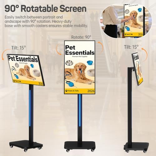 32 Inch Digital Signage Display on Wheels, Portable LCD Touch Digital Kiosk with Adjustable Rolling Stand, Phone App Control Android 14 Advertising Display Poster, Auto Media Player, HDMI/USB - Image 4