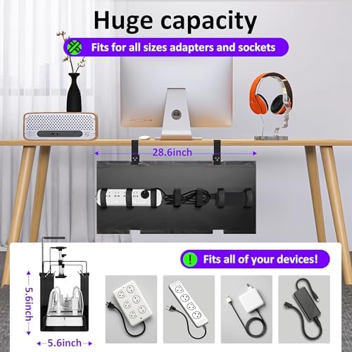 Under Desk Cable Management Tray - Under Desk Cord Management - Clamp/Screw Mount - Fabric Wire Management - Cable Raceways Tray Cord Hiders for Office/Home (Black, 28.6×5.6") - Image 2