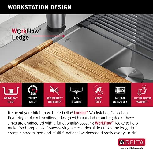 DELTA FAUCET 95A9032-T33D-SS Lorelai Workstation Kitchen Sink Drop-In Top Mount 16 Gauge Stainless Steel Double Bowl with WorkFlow Ledge and Chef’s Kit of 8 Accessories, 33 Inch - Image 5