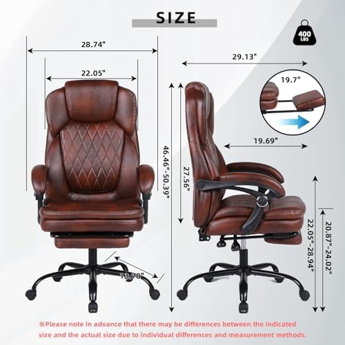 Big and Tall Office Desk Chair, Executive Office Chair with Foot Rest, PU Leather Comfy Reclining Office Chairs for Heavy People, Wide Ergonomic High-Back Computer Chairs, Brown - Image 3