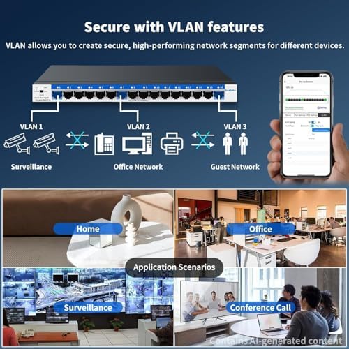 Goalake 16-Port Gigabit Easy Managed Switch for Small Business & Home Office – VLAN & QoS, Plug & Play, Fanless Metal, Desktop/Wall Mount - Image 2