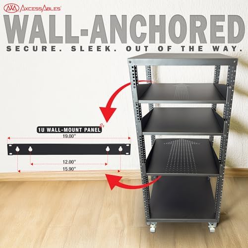 AxcessAbles 22U Open Frame Network & AV Rack with Caster Wheels, Three 2U Shelves, 10-32 & Cage Nut Compatible Rails, Cage Nuts, Screws, Cage Nut Tool & Wall Mount Kit | 19-Inch Equipment Rack - Image 5