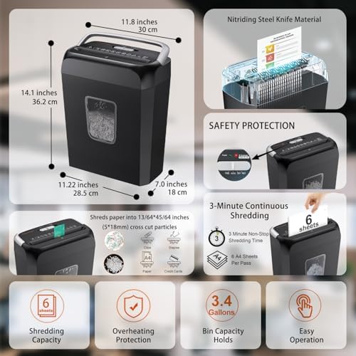 Bonsaii Paper Shredder for Home Office, 6-Sheet Cross-Cut, Shreds Paper, Credit Cards, Mail, Staples & Clips, 3.4-Gallon Clear Bin with Handle - Image 2