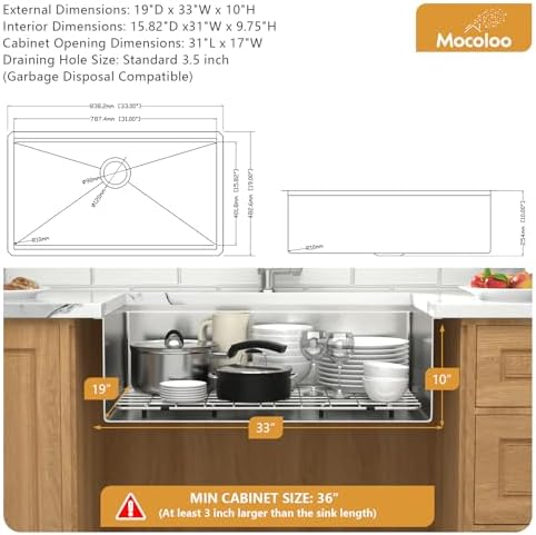 33 Undermount Kitchen Sink - Mocoloo 33 x 19 Undermount Sink Workstation Stainless Steel Kitchen Sinks 16 Gauge Single Bowl Handmade,10'' Deep Basin - Image 3