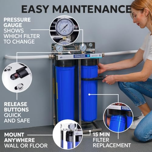 2-Stage Water Filter System 20x4.5 inch Comes with Sediment & Carbon Filters | Prefilter, Wrench, Gauge & Release, Freestanding Steel Frame Included - Image 4