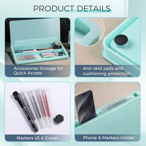 TOWON Compact Glass Desktop Whiteboard with Storage 12x7 in, Teal Blue - Image 3