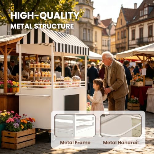 Mobile Food Cart with LED Lights & Canopy, Portable Vendor Display Stand with Lockable Wheels, Commercial Food Kiosk for Markets, Street Vending, Flea Markets, Weddings, Hotels & Snack Events - Image 5