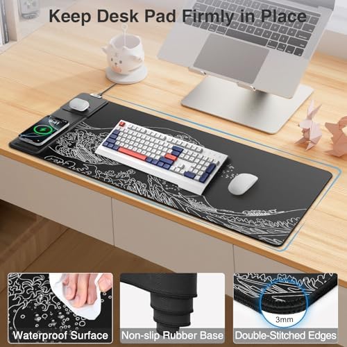 Wireless Charging Mouse Pad with Phone Holder, 31.5"x15.8" in, Black Wave - Image 6