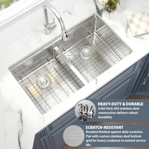 33 Double Bowl Kitchen Sink Undermount Stainless Steel Low Divide - Image 5
