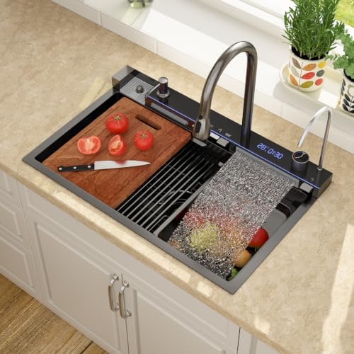 Lordear 30 Inch Black Drop In Smart Kitchen Sink with Waterfall Faucet - Image 2