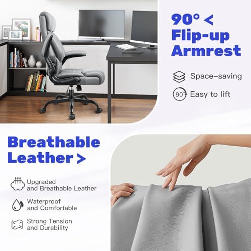 High Back Executive Office Chair - Ergonomic Computer Desk with Rocking Function, Leather Managerial with Adjustable Flip-Up Armrests and Lumbar Support - Image 3