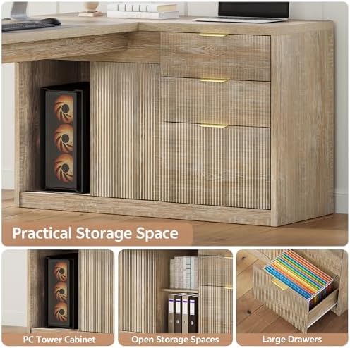 78.7" L-Shaped Executive Desk with Drawers and File Cabinet Farmhouse Large Office Desk with Power Outlets & Sliding Door Storage, Corner Computer Desk for Home Office Gaming - Image 5