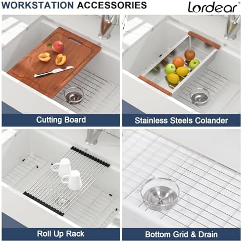 Lordear 33 White Farmhouse Sink Workstation Porcelain Farm Kitchen Sinks White Single Bowl Basin 33x20x10 Inch Large Bowl Sink - Image 5