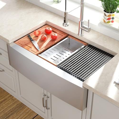 Lordear 33 Farmhouse Sink Stainless Steel Apron Front Ledge Workstation Deep Single Bowl 16 Gauge Stainless Steel Kitchen Farm Kitchen Sinks with Accessories, 9" Apron Height - Image 2