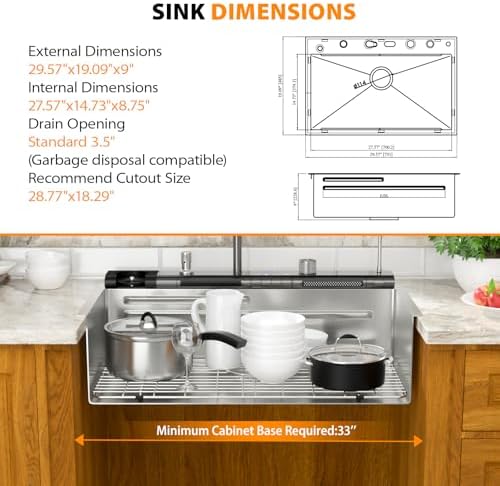 Mocoloo 30 Inch Honeycomb Waterfall Kitchen Sink Drop in, 30x19 Inch Stainless Steel Workstation Sink 16 Gauge Topmount Single Bowl LED Display Sink with Complete Kit - Image 3