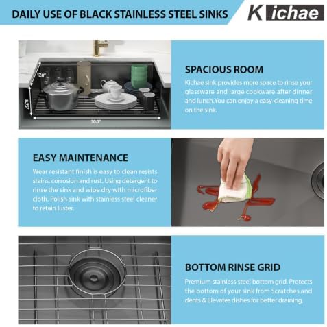 Kichae 32 Black Undermount Kitchen Sink Stainless 16 Gauge Workstation - Image 6