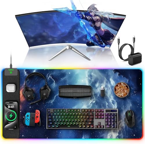RGB Gaming Mouse Pad with Wireless Charging, Large Desk Mat, Blue Nebula by TopmadeProduct-Ordernow