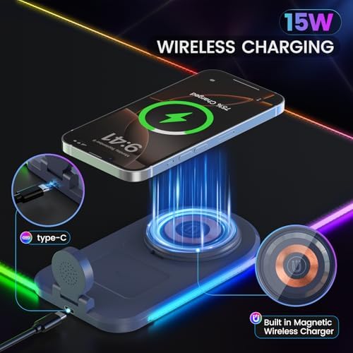 15W Wireless Charging Mouse Pad with Phone Holder&20W Power Adapter, RGB Gaming Mouse Pad, 15 Lights Mode 31.5"x11.8" XXL Large Desk Pad,Ultra-Smooth Surface,Non-Slip Rubber Base - Image 4