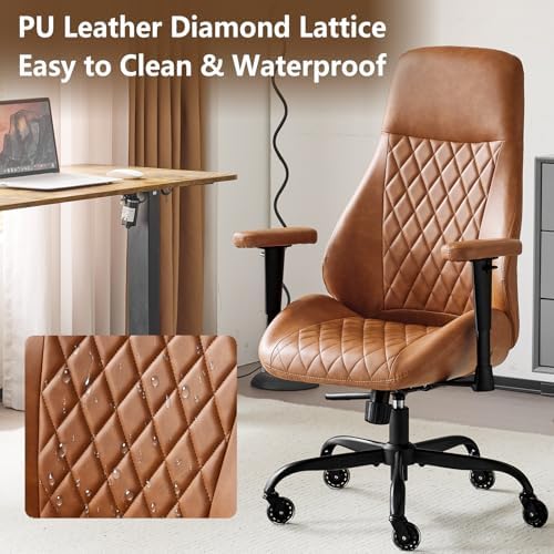 YFO Home Office Desk Chair High Back Office Rubber Casters Ergonomic Computer Chair with Lumbar Support Adjustable Height Rolling Swivel Chair Executive Task Armrests， Brown Leather - Image 6