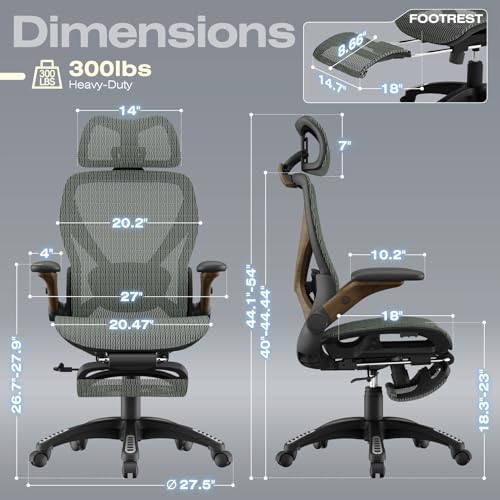 ELABEST X100 Ergonomic Mesh Office Chair with Footrest, Big and Tall Home Desk Chair with 5D Flip-Up Arms, Adjustable 3D Lumbar Support, Gaming & Executive Computer Chair (Forest Ranger) - Image 2