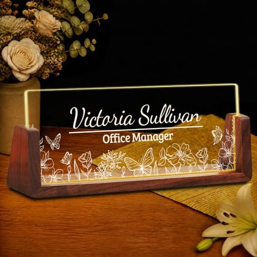 Custom Name Plate for Desk with LED Walnut Frame, Office Desk Decor by Unknown