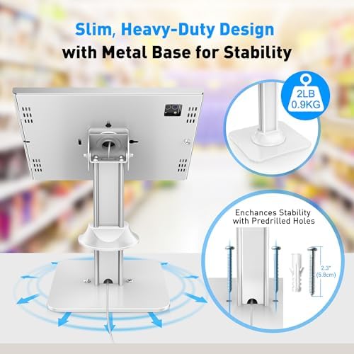 AboveTEK Anti-Theft iPad Kiosk Stand – POS iPad Security Mount with 360° Swivel & 75° Tilt, Heavy Duty Tablet Kiosk Desk Holder for Retail & Business POS Systems (White) - Image 6