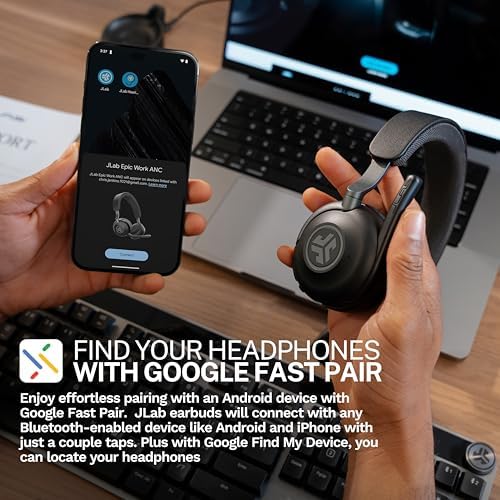 JLab Epic Work ANC Wireless on-Ear Headset with Microphone, smart Noise Cancellation, multipoint Connect, Charging hub, Black - Image 4
