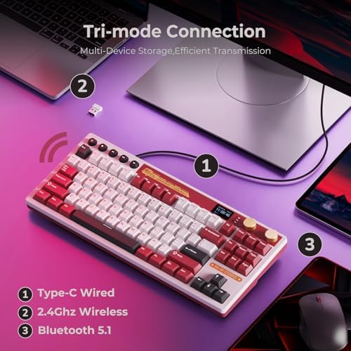 RK ROYAL KLUDGE M87 Wireless Gaming Keyboard with Screen & Dual Knobs, Red - Image 3
