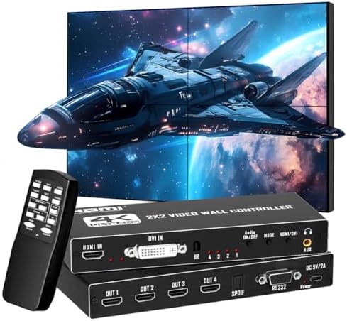 Video Wall Controller 2x2 4K TV Splicing Wall Processor HDMI & DVI Input 4 TV Screens Into 1 Wall Display Support IR Remote, RS232, 180°Rotate, 2x2,1x1,1x2,1x3,1X4,1x5 by Unknown