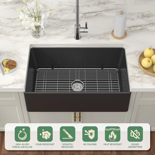 Black Fireclay Farmhouse Sink - Couoko 33 Inch Matte Black Apron Front Farm Sink Porcelain Farms House Style Single Bowl Farmhoues kitchen Sinks with Luxury Accessories - Image 3