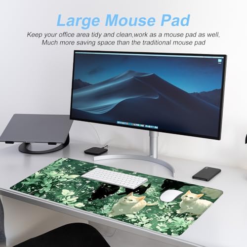 Cute Cat Mouse Pad Large Gaming Desk Mat - Kawaii Black and White Cats in Green Forest, Extended XL Mousepad with Non-Slip Rubber Base for Office, Home, PC, Laptop - Image 6