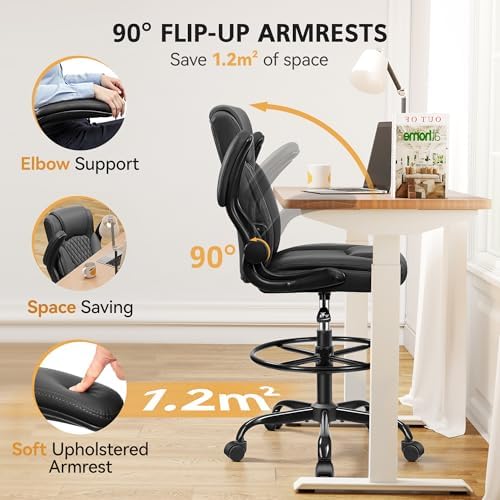 Drafting Chair, Tall Office Chair for Standing Desk, High Executive Leather Ergonomic Computer Chair with Adjustable Height and Flip-Up Armrest for Counter Height Desk, Black, Pack of 1 - Image 4
