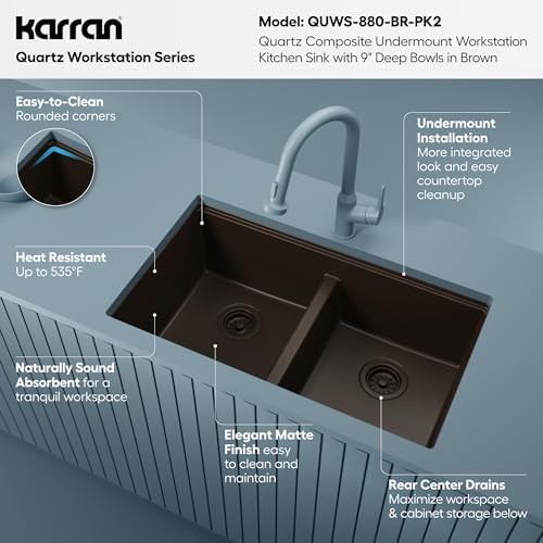 Karran 32.5 Inch Undermount Quartz Composite Workstation Kitchen Sink, 50/50 Double Bowl Low Divide with Color Matched Accessories, Cutting Board, Drying Mat, Colander & Strainers Brown - Image 4